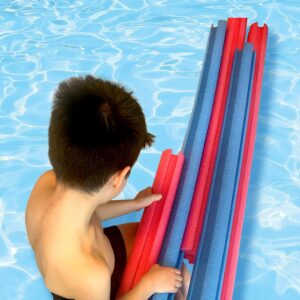 Child playing with LINK'EMS interlocking pool noodles in a pool
