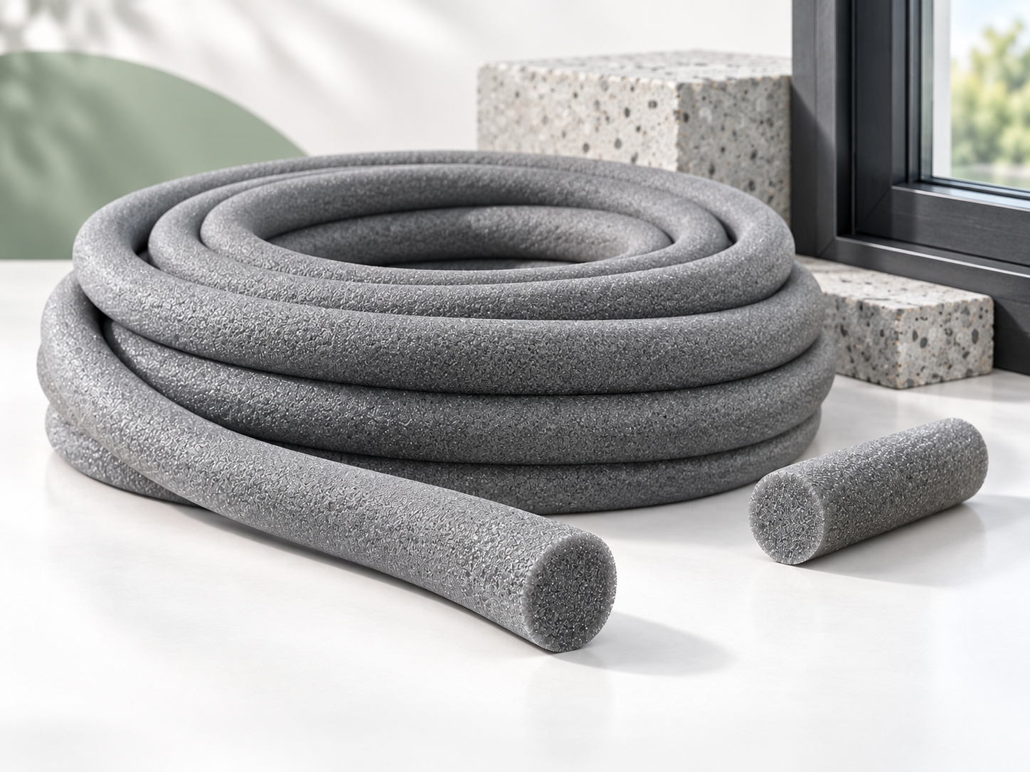 Illustration of grey foam backer rod coiled beside concrete and a window frame.