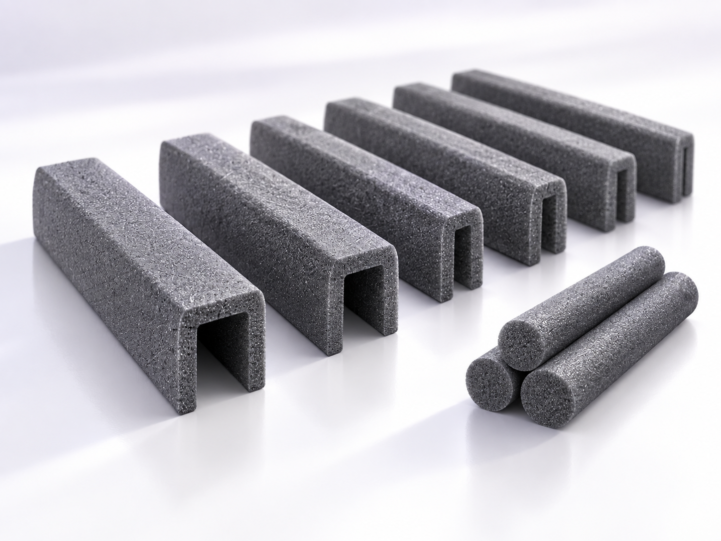Illustration of matching grey foam U-channel components arranged for repeat production.