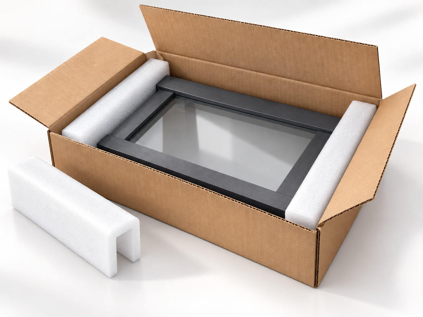 Illustration of white foam edge and corner protection around a frame in a shipping carton.