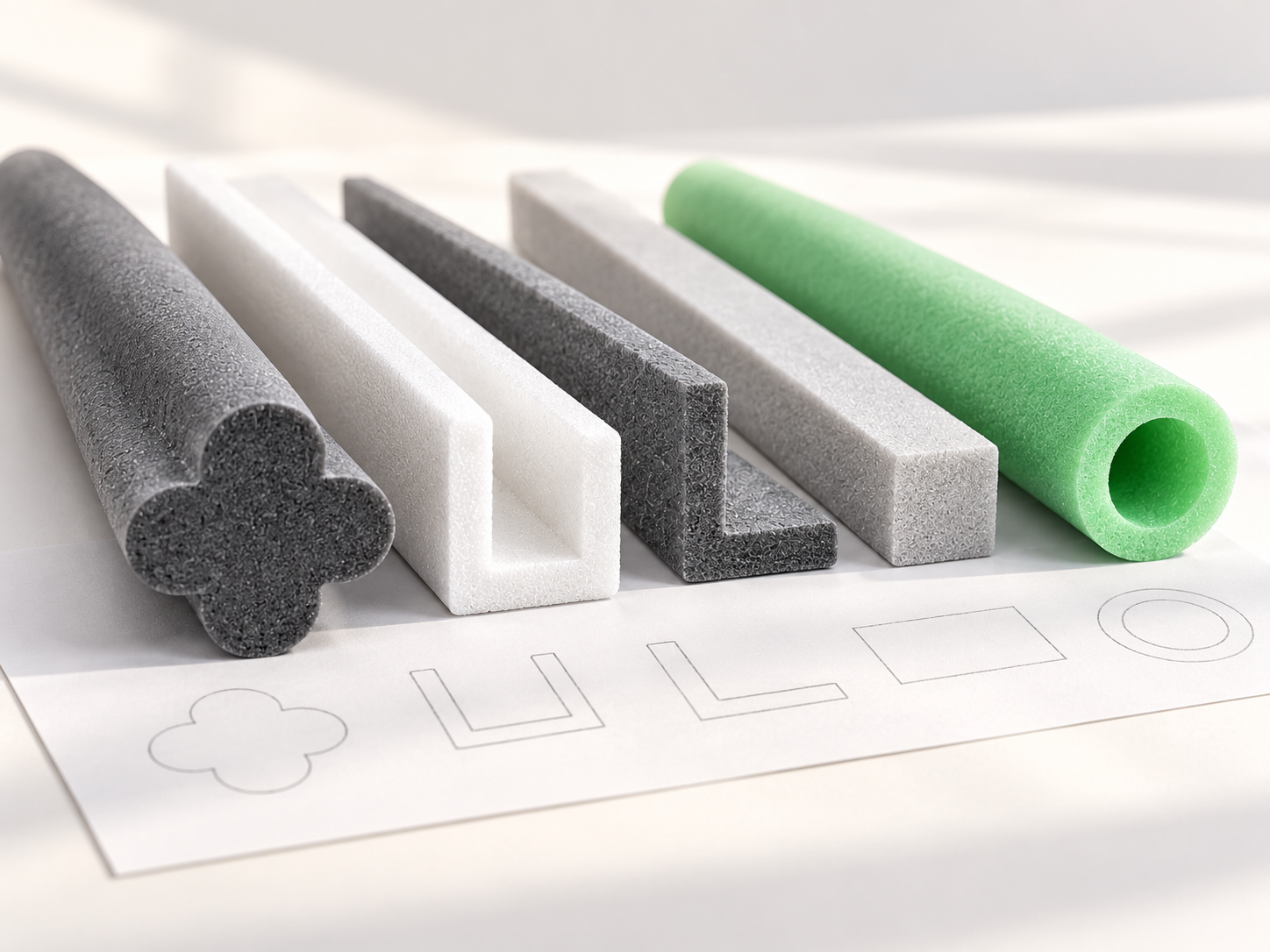 Illustration of assorted custom foam profiles beside sketches of their cross-sectional shapes.