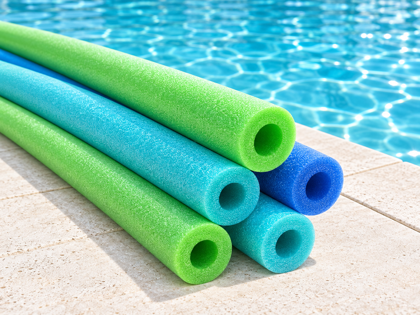 Illustration of green, turquoise and blue foam pool noodles beside a swimming pool.